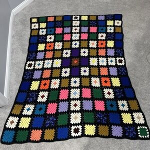 Granny Squares Afghan Black Colorful‎ Handmade Crochet Throw Blanket 68x54"